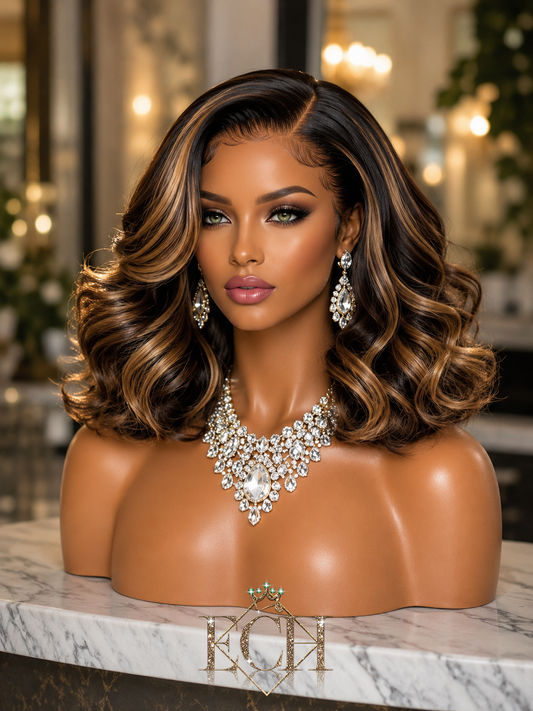 Honey Caramel Highlight Bouncy Loose Wave Transparent Lace Wig